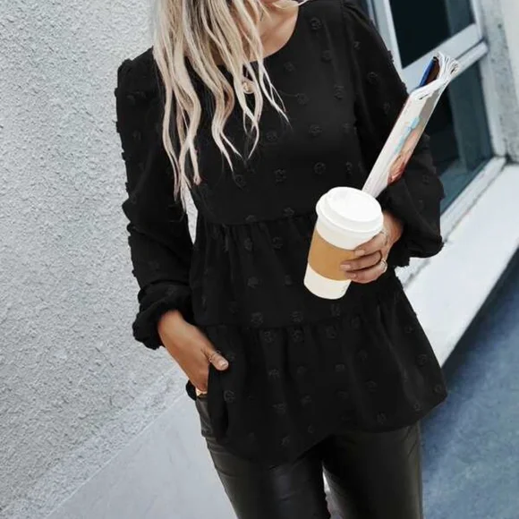 Classic Navy Blue Swiss Dot Ruffle Top Minimalist - Picture 3 of 12